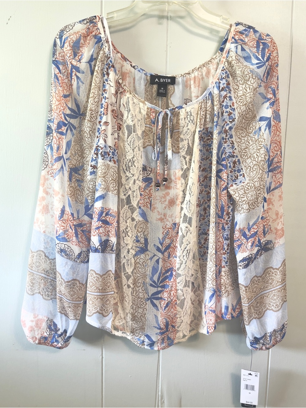 A. Byer Blouse shirt flowy classic elegant Lace Sheer Feminine Medium